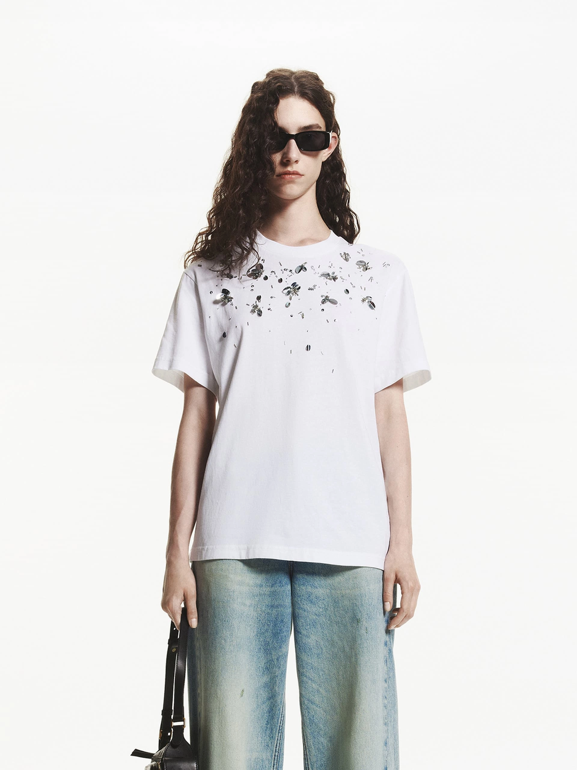 Casual Layering Wear Modern Style Sequin Detail Cotton T-shirt