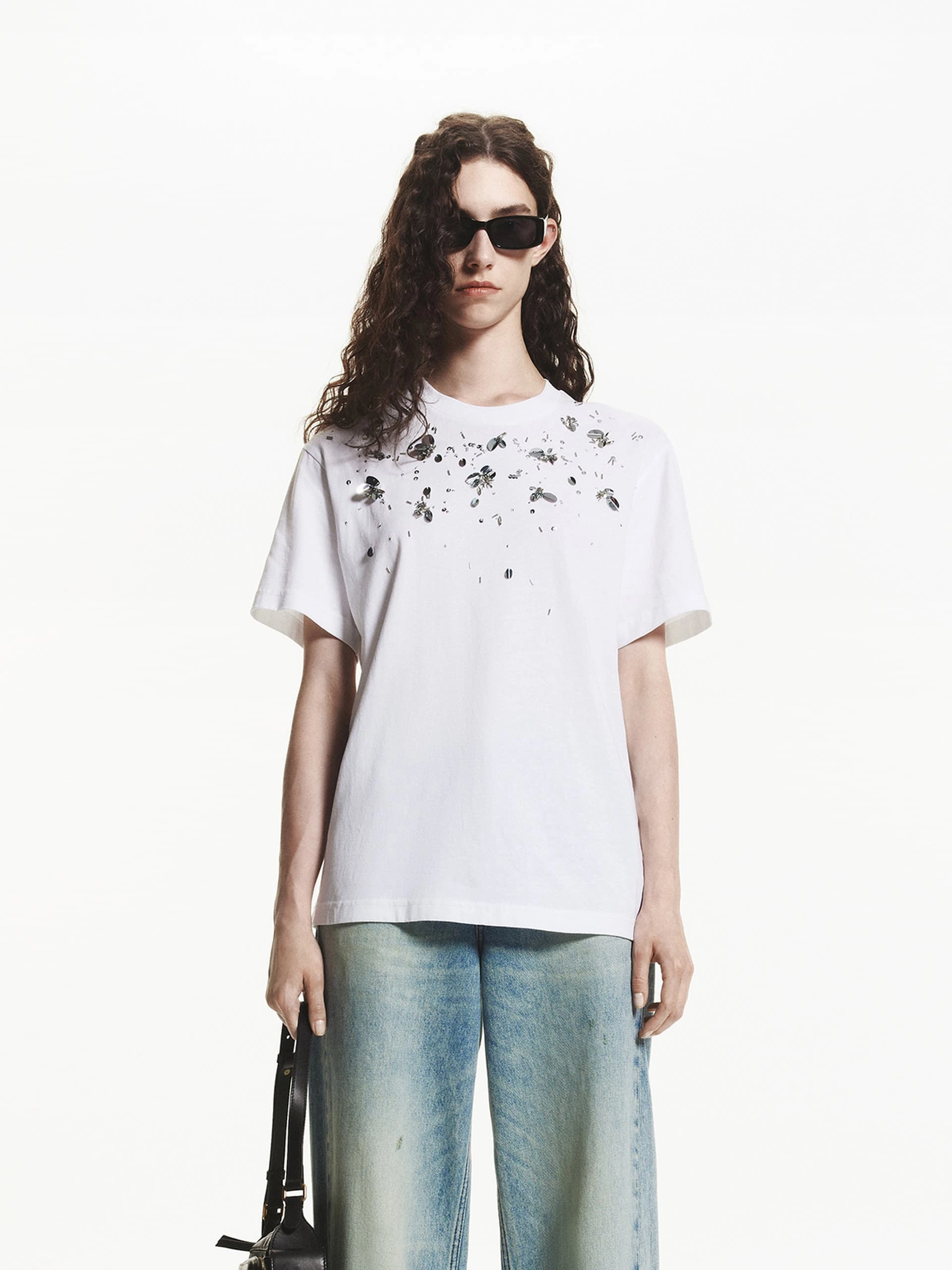 Sequin Detail Cotton T-shirt Street Trendy skinny but not tight