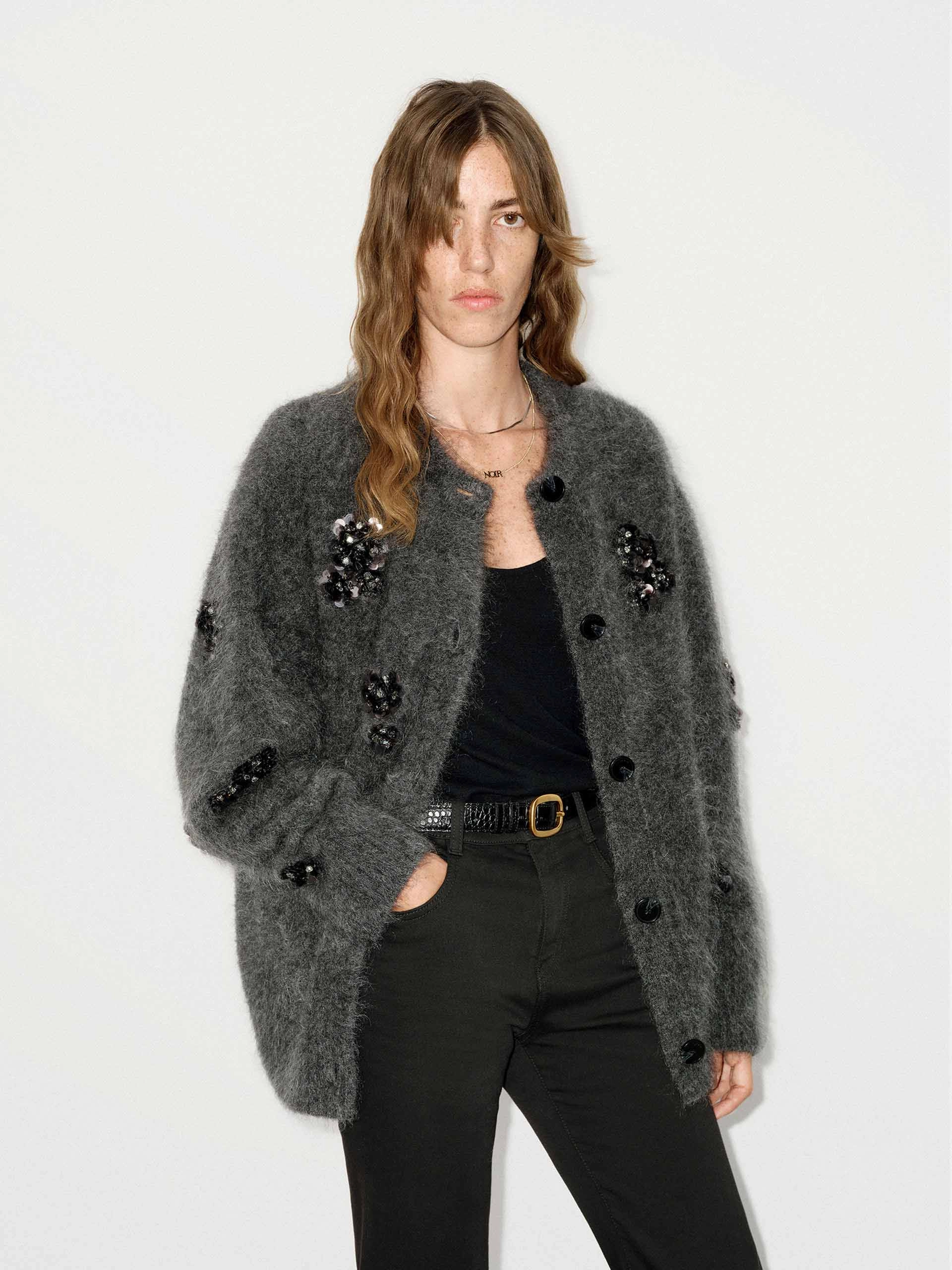 Sequin Detail Fluffy Cardigan GarmentWashed Texture BreathableBackVents