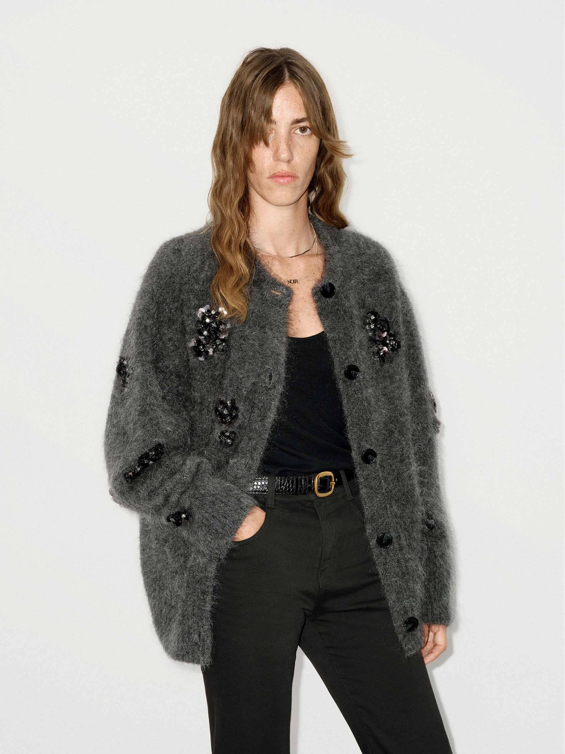 Sequin Detail Fluffy Cardigan Tagless Labeling SlubTexture