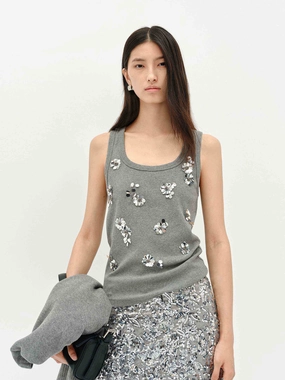 SeamlessConstruction Rolled Hem Detailing Sequins Detail Cotton Tank