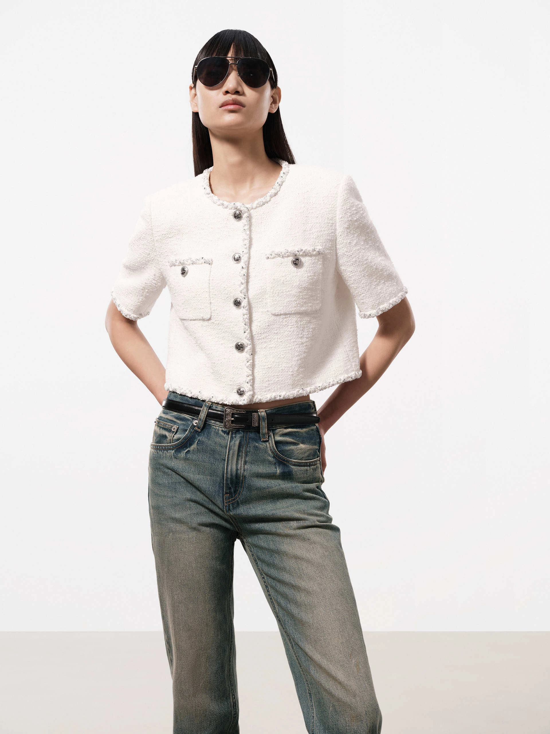 Clean Street Look Wrinkle Free Fabric Sequins Trim Tweed Jacket