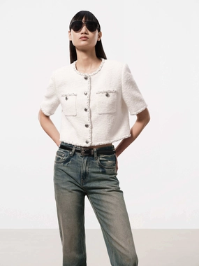 Sequins Trim Tweed Jacket Classic Casual Look