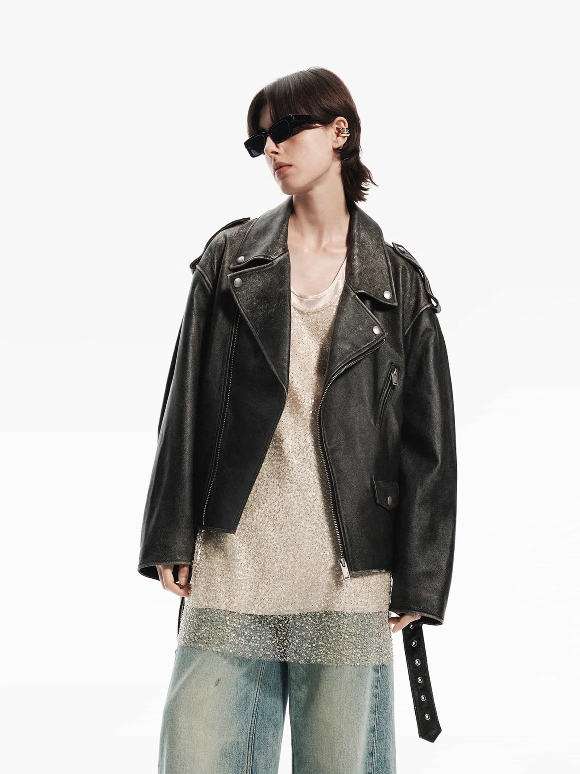 BrushedInnerSurface Basic Tee Leather Biker Jacket