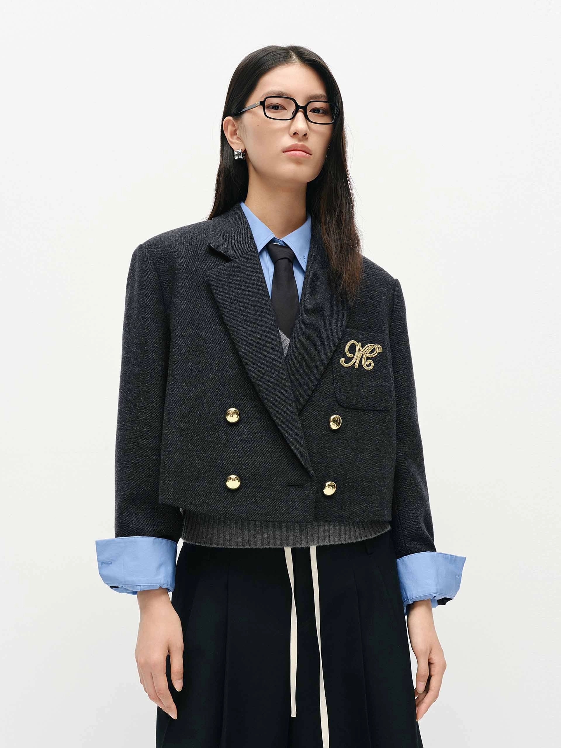 NoiseFreeMaterial Layering Compatible Cut Wool Blend Cropped Blazer