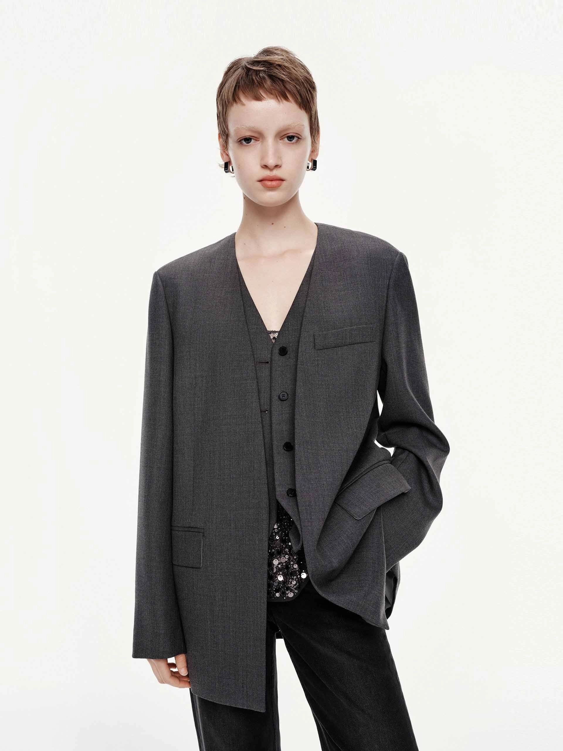 Breathable fabric Collarless Layered Blazer