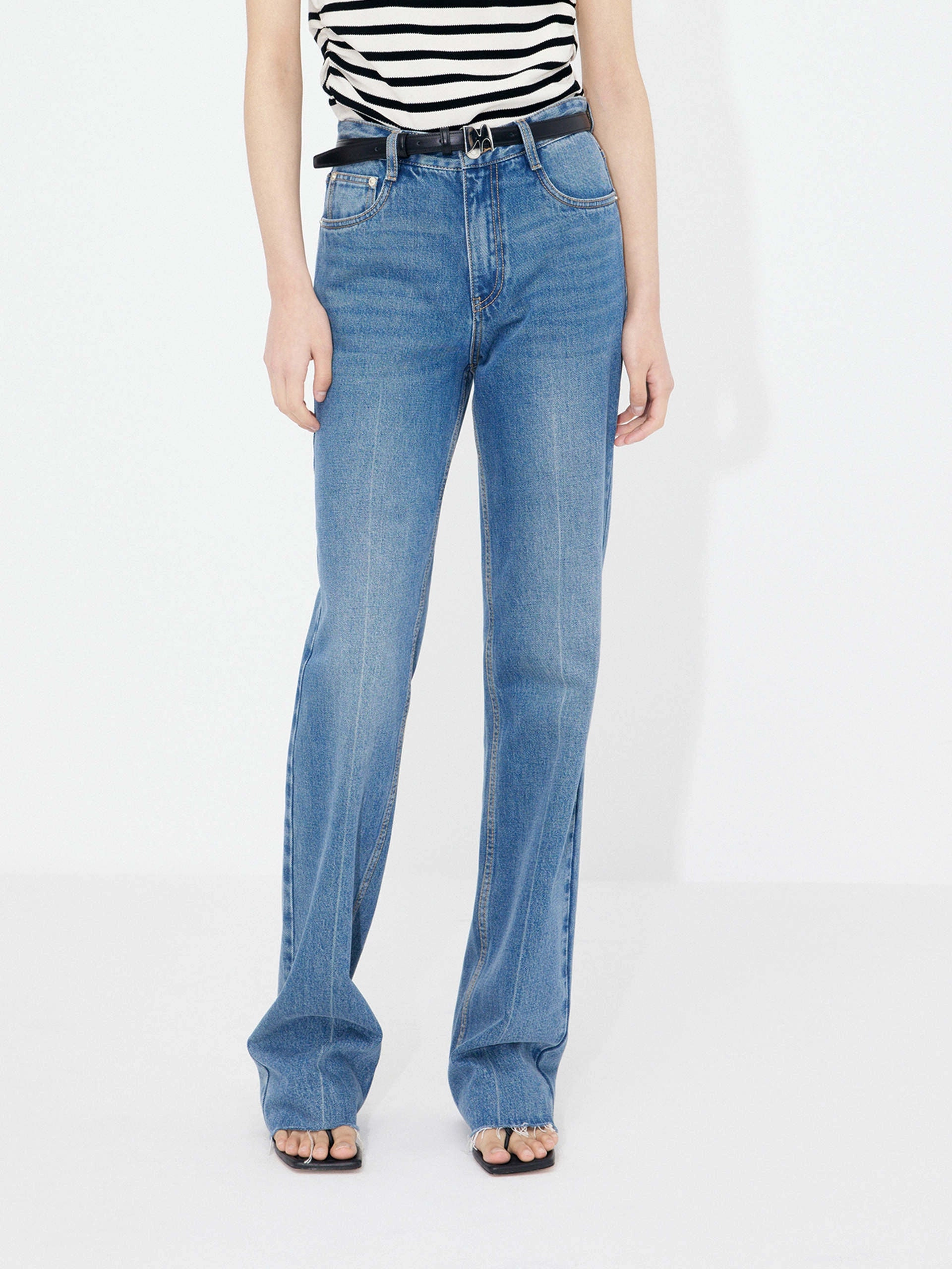 Straight Raw Hem Jeans Adjustable Waist