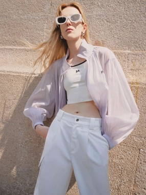 DoubleStitched Hem Sheer Hoodie Jacket