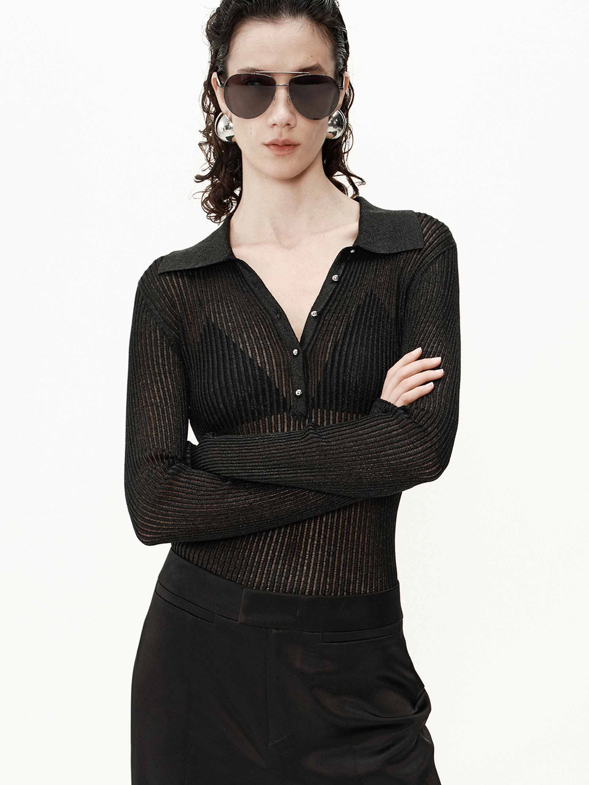 HighElasticity Sheer Ribbed Knit Top