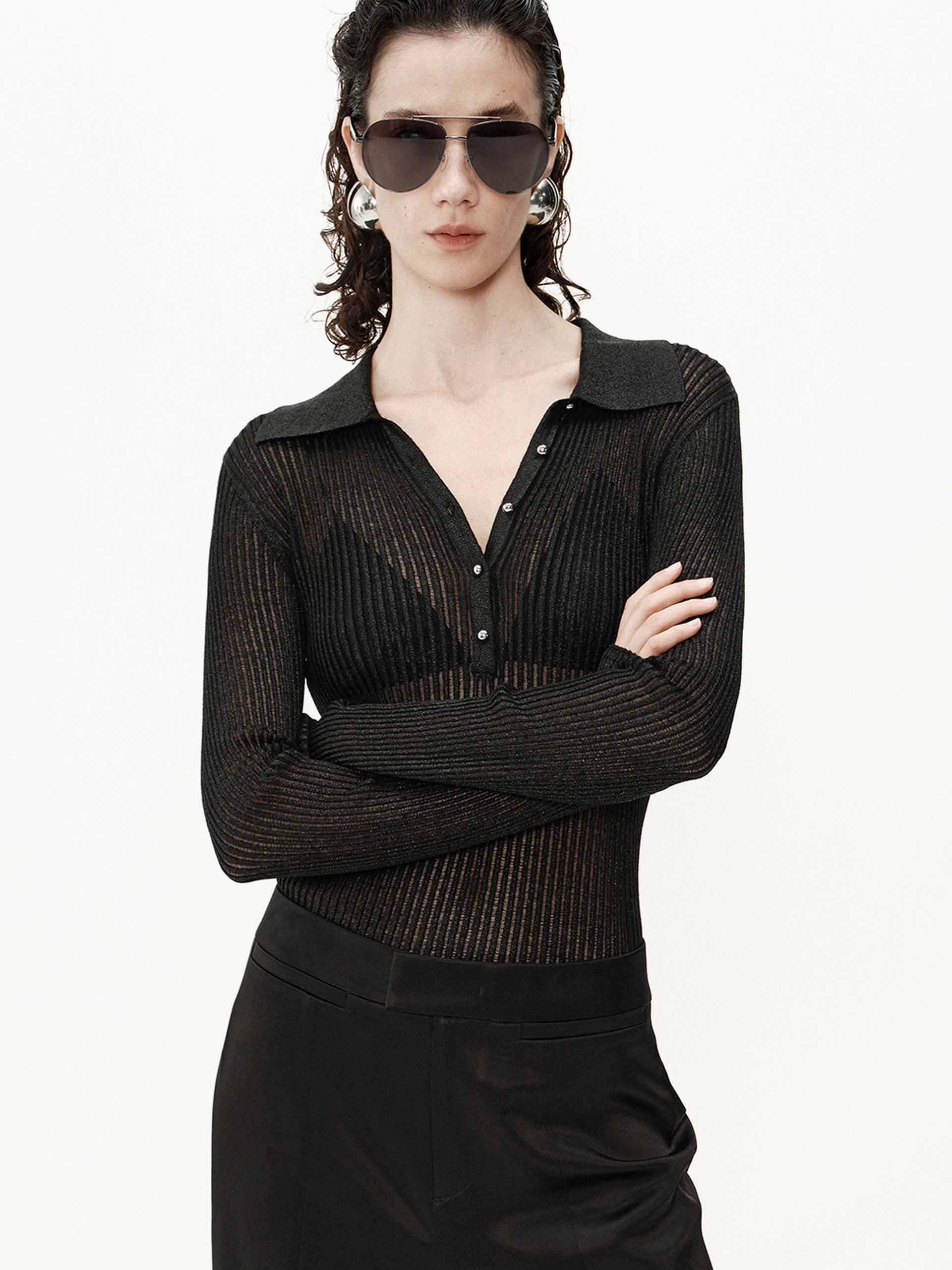 Sheer Ribbed Knit Top Pocket Reinforcement Sporty Top