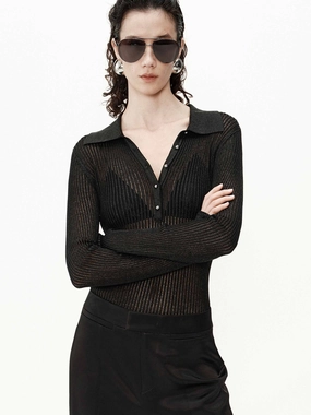 HighElasticity Sheer Ribbed Knit Top