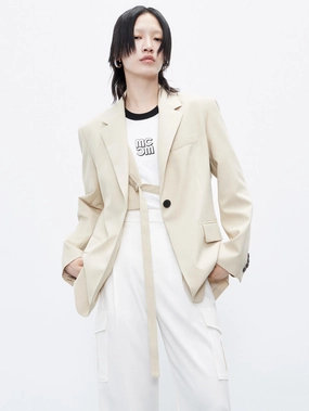 Belt Detail Tailored Blazer Expandable Side Gussets Noise Reduction Design