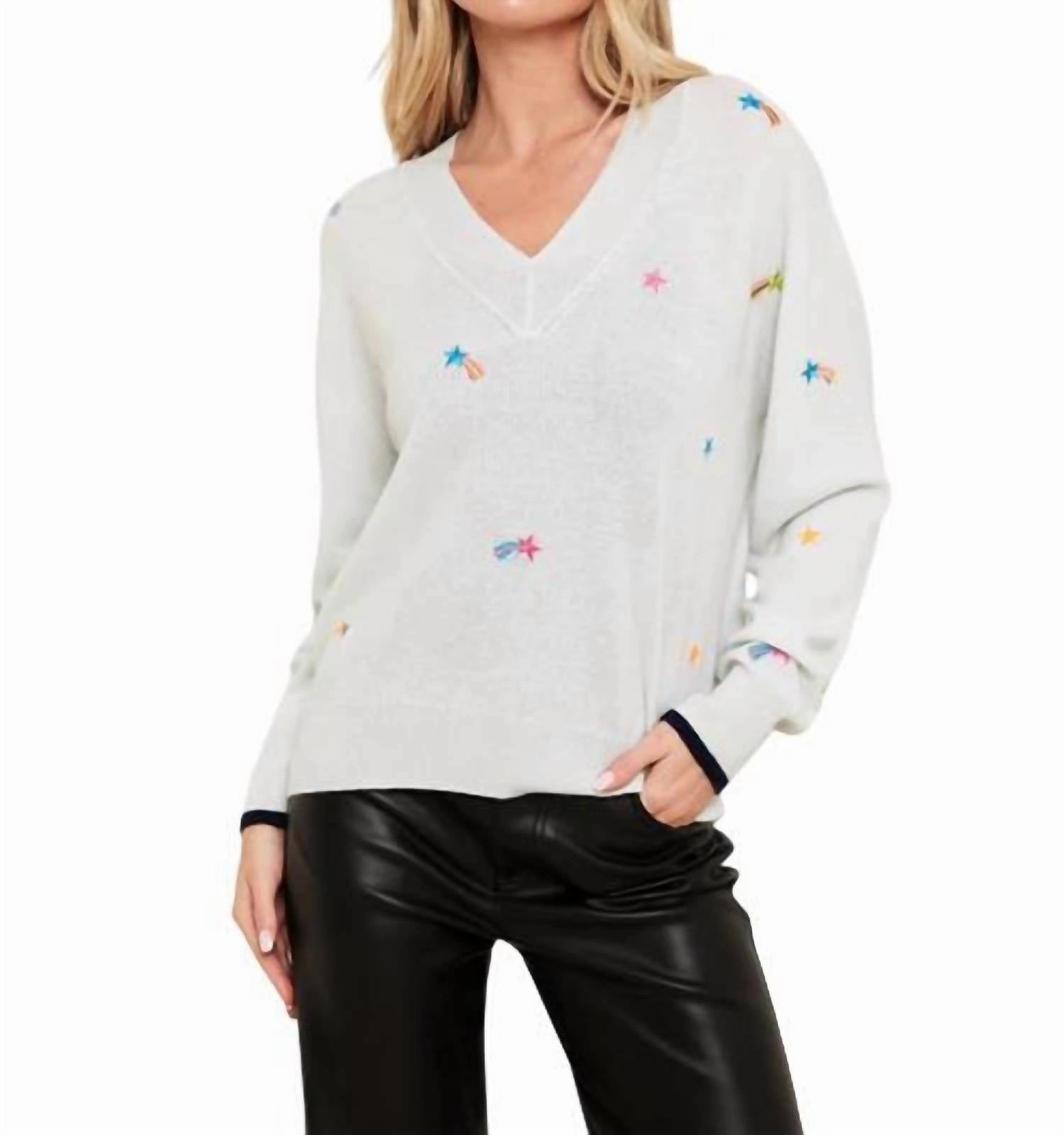 Cozy Basics Shooting Star V Neck Sweater Top In Pearl Blue