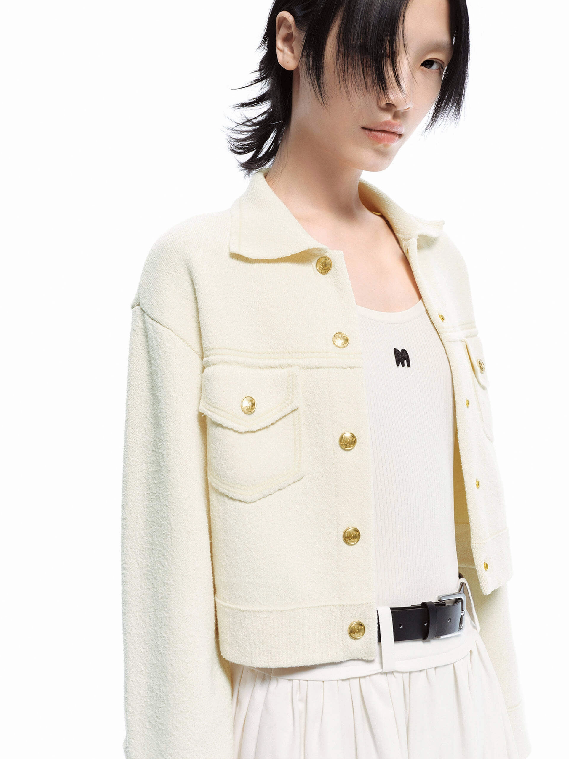 Adjustable Hem Toggles Neutral Tone Stitching Short Lapel Knitted Cardigan