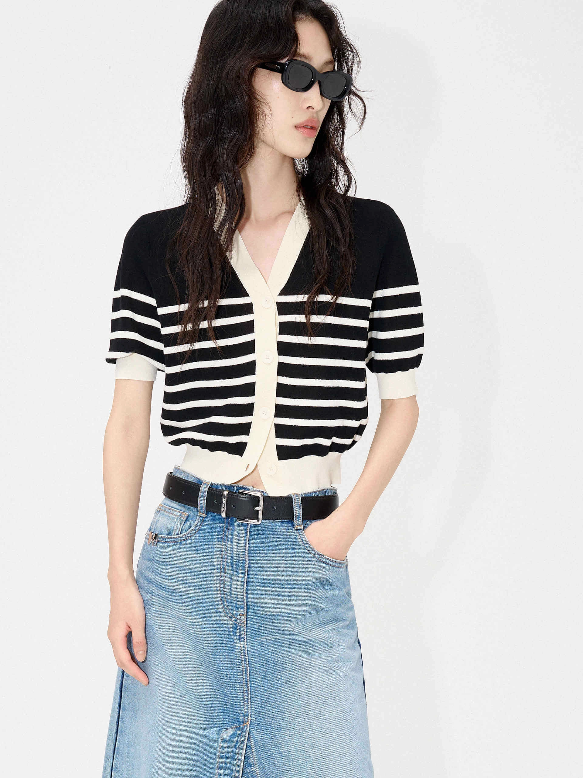 Short Sleeve Contrast Cardigan Winter Layer Textured Weave