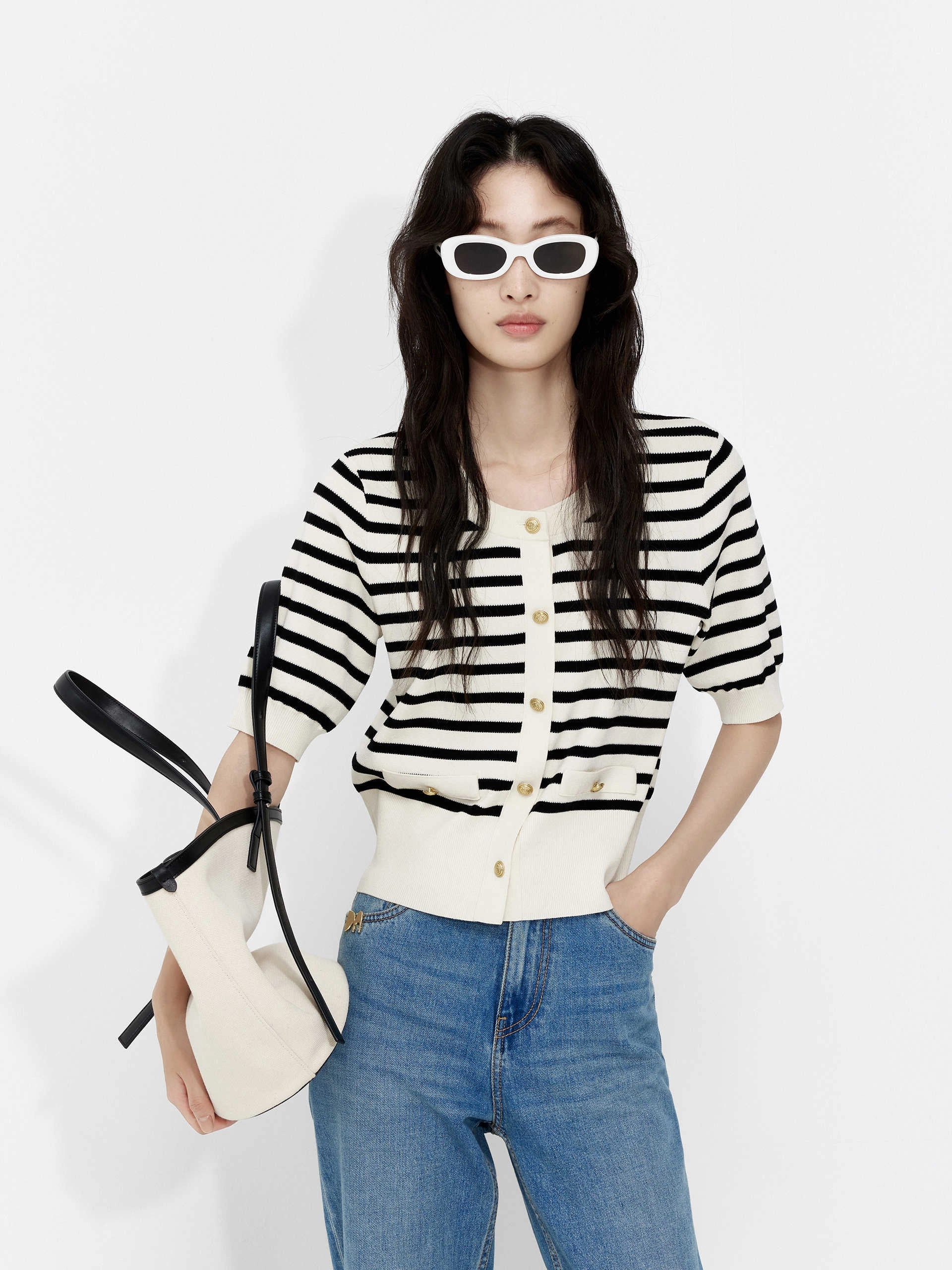 SlipResistant Temperature Regulating Fabric Short Sleeve Striped Cardigan
