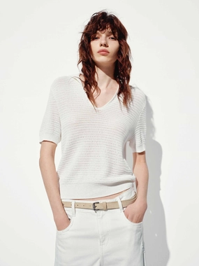 Short Sleeves V-neck Knit Top Stylish Look Multi Panel Design