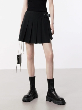 Distressed finish Polyester fabric Side Buckle Pleated Skirt