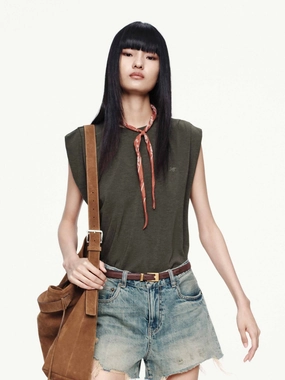 Button Down Non Restrictive Fit Side Pleated Crewneck T-shirt