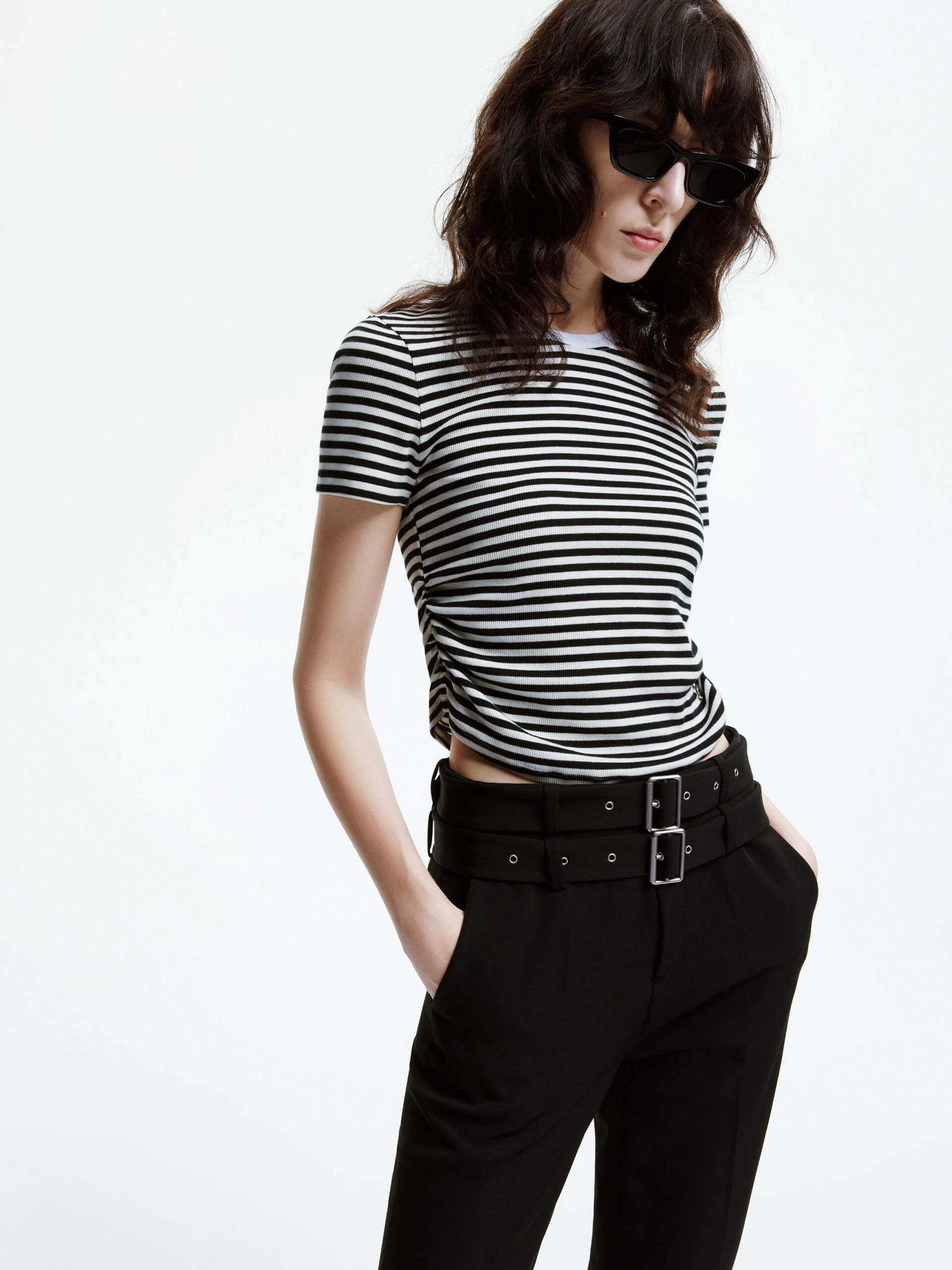 Floral Print Side Pleated Cropped T-shirt
