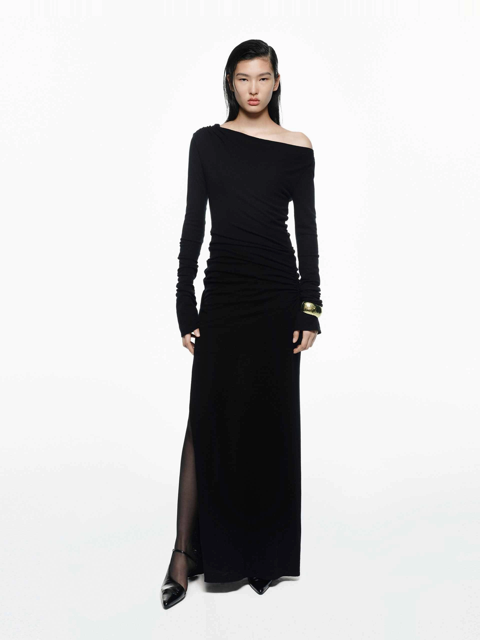 Buckle-Detail luxe feel Side Slit Wool Dress