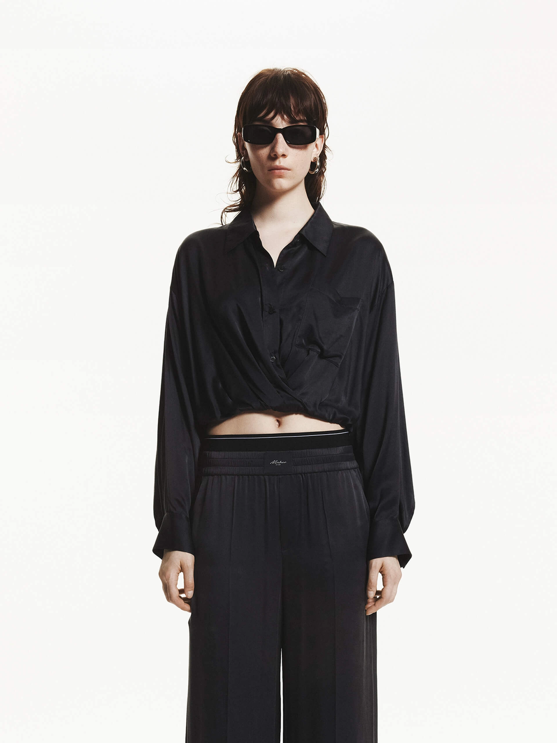 Flexible Ribbed Cuffs Silk Blend Cropped Shirt
