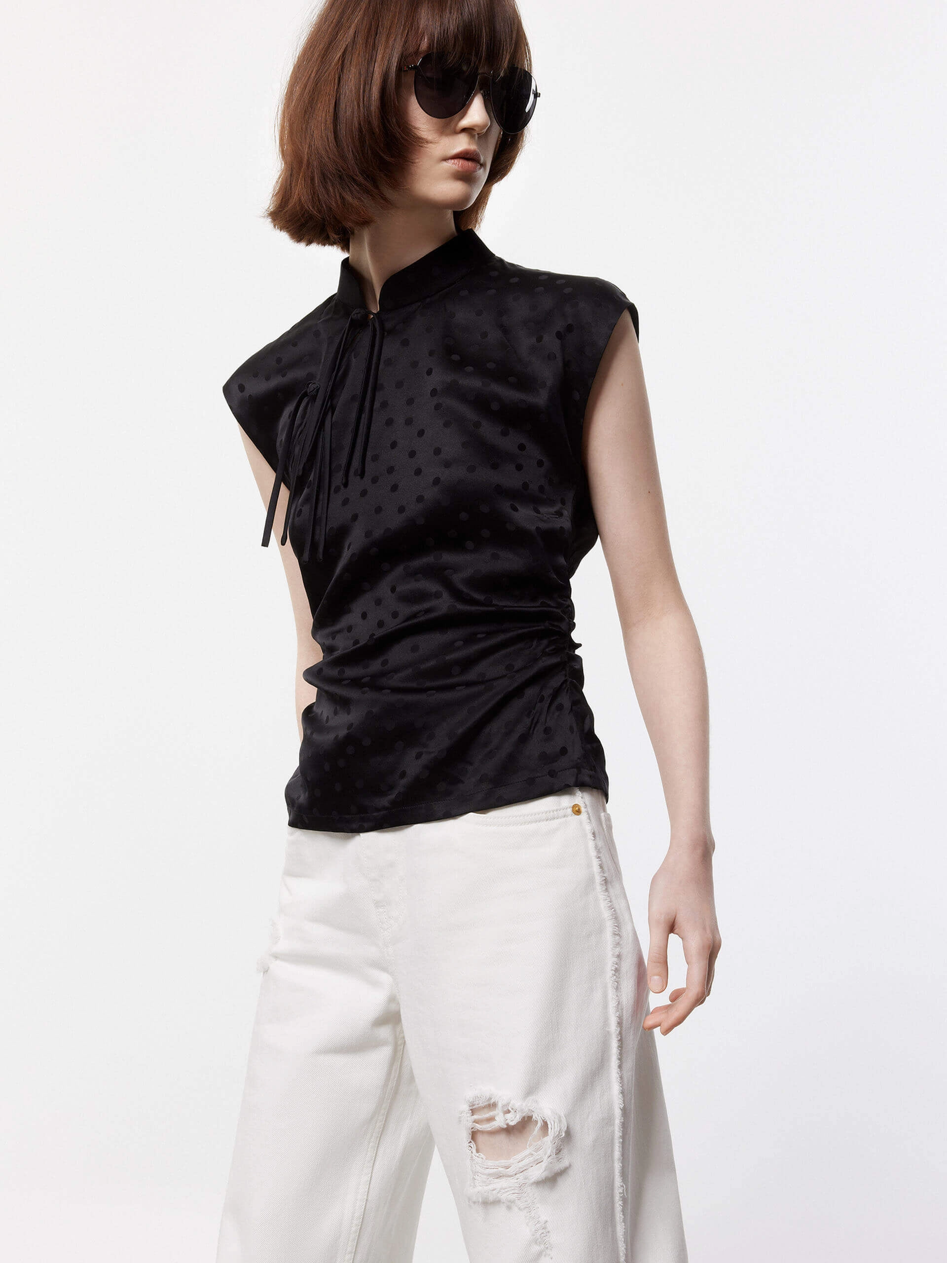 Quick Dry Fabric Buttery Soft Feel Silk Blend Pleated Top