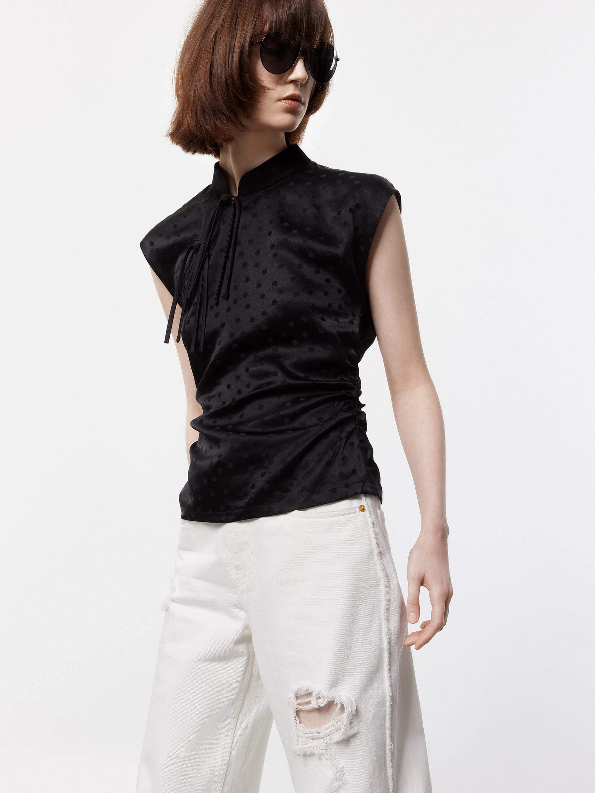 DoubleLayered QuickDrying Silk Blend Pleated Top
