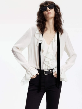 Silk Blend Ruffle Trim Blouse SoftFeel Fabric UVProtection