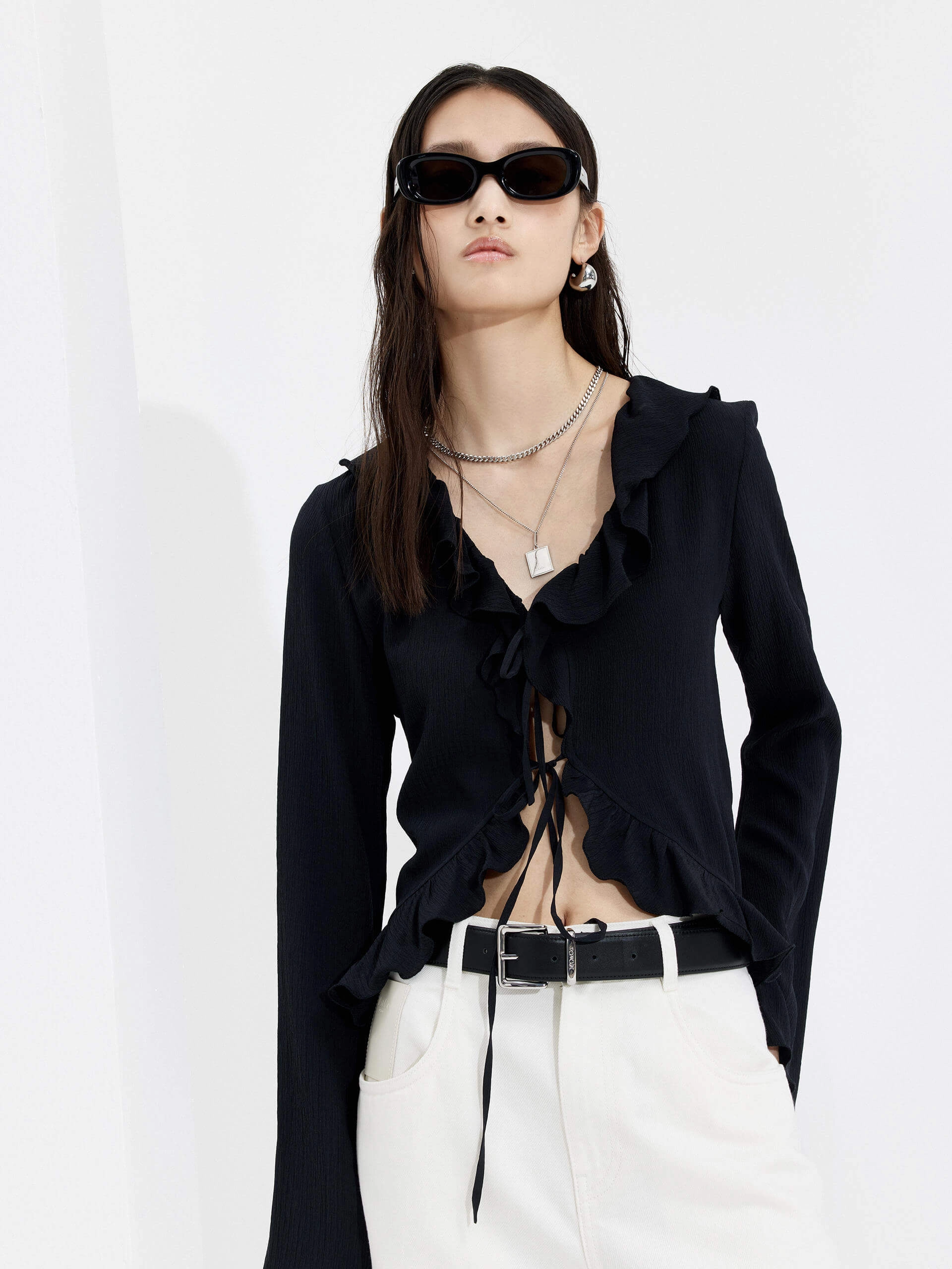 Silk Ruffled Trim Top Smooth Seam Transition