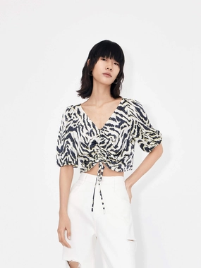Thermal Insulation Layer Chic Cardigan Silk Tiger Print V Neck Top
