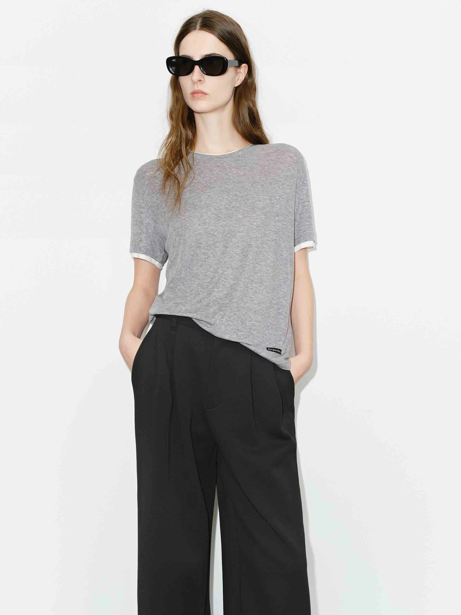 Contrast Trim Regular T-shirt Layered Collar Structure