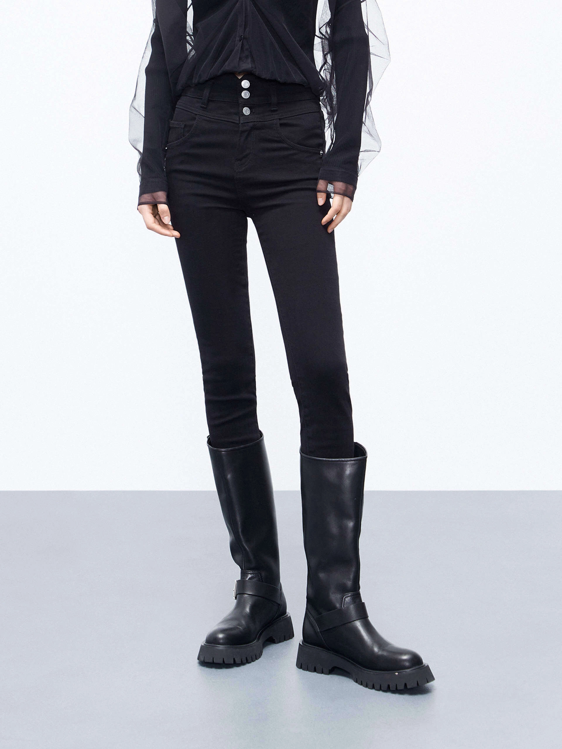 Adjustable Belt Loops Skinny High Waist Stretch Jeans