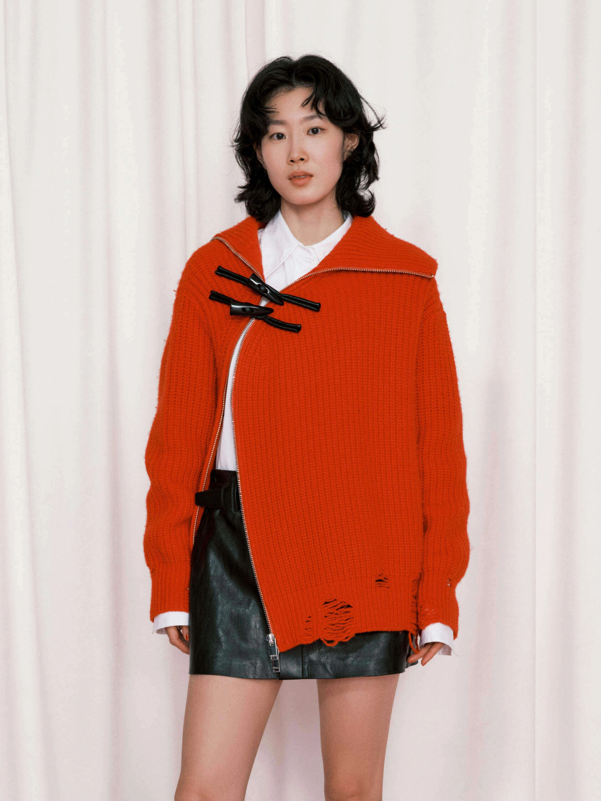 Anti Odor Treatment BoxyCrop Slanted Placket Distressed Sweater