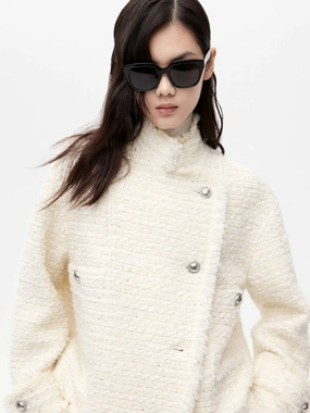 Runway Inspired Slanted Placket Tweed Coat