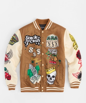 Reflective Bands Low Maintenance Fabric Cash Chenille Patched Varsity Jacket - Brown