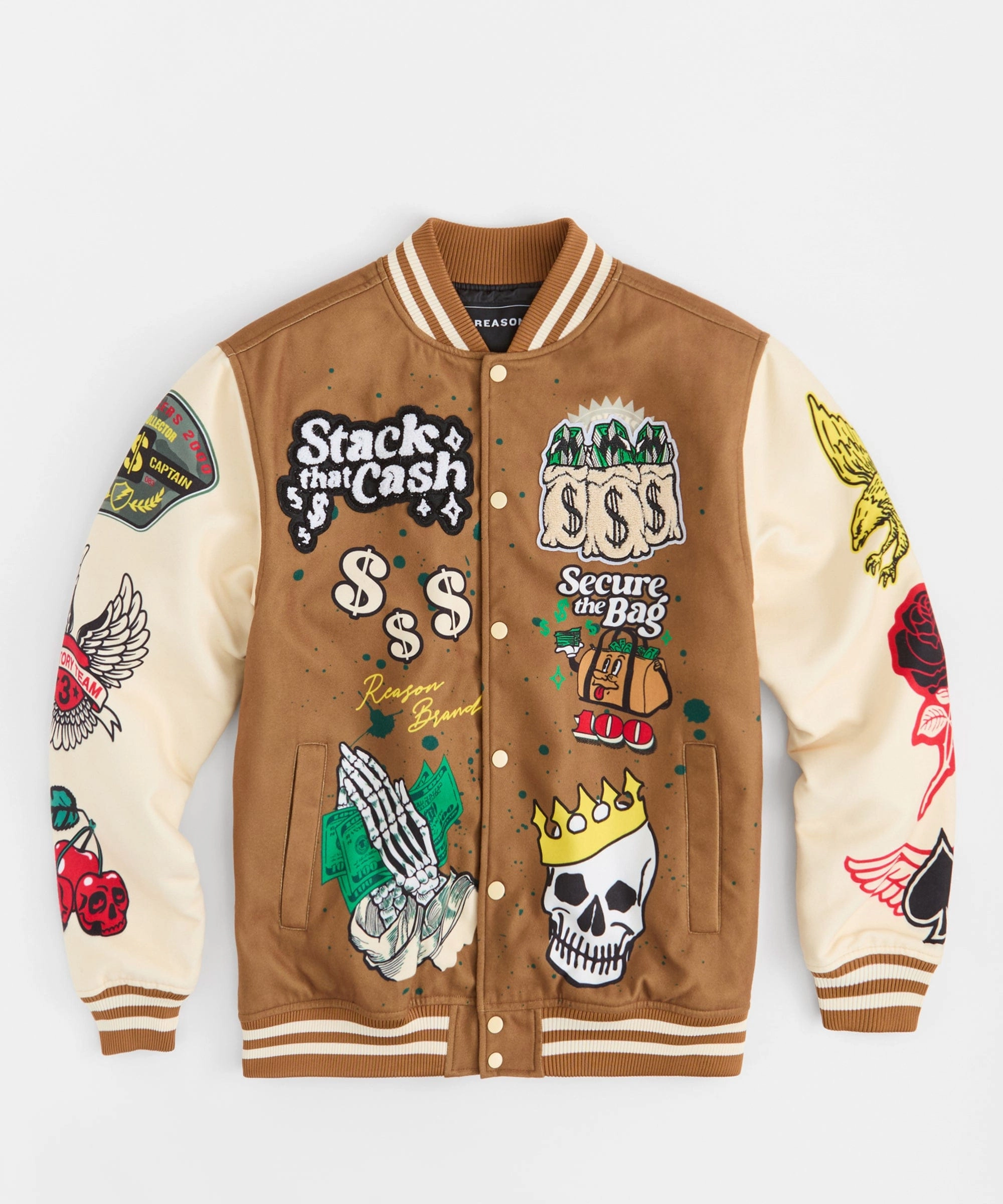 Reflective Bands Low Maintenance Fabric Cash Chenille Patched Varsity Jacket - Brown