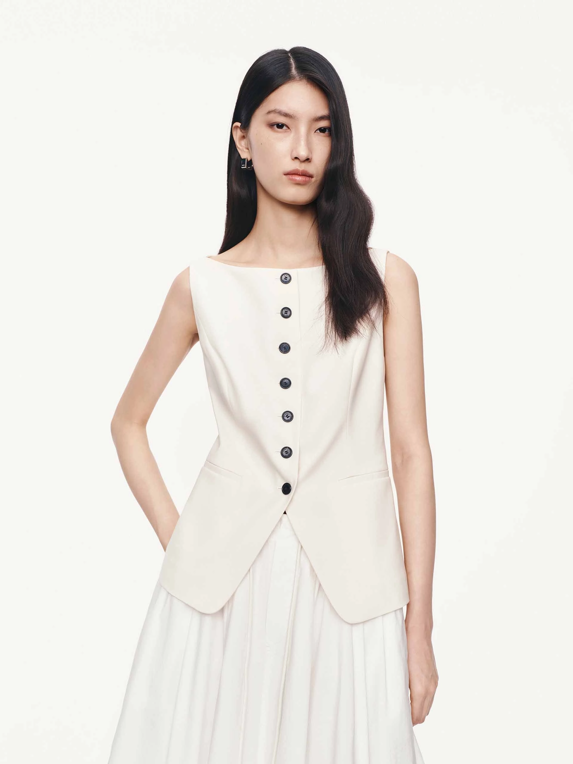 Sleeveless Boat Neck Top Yarn Dyed Pattern Cloth LightweightFabric