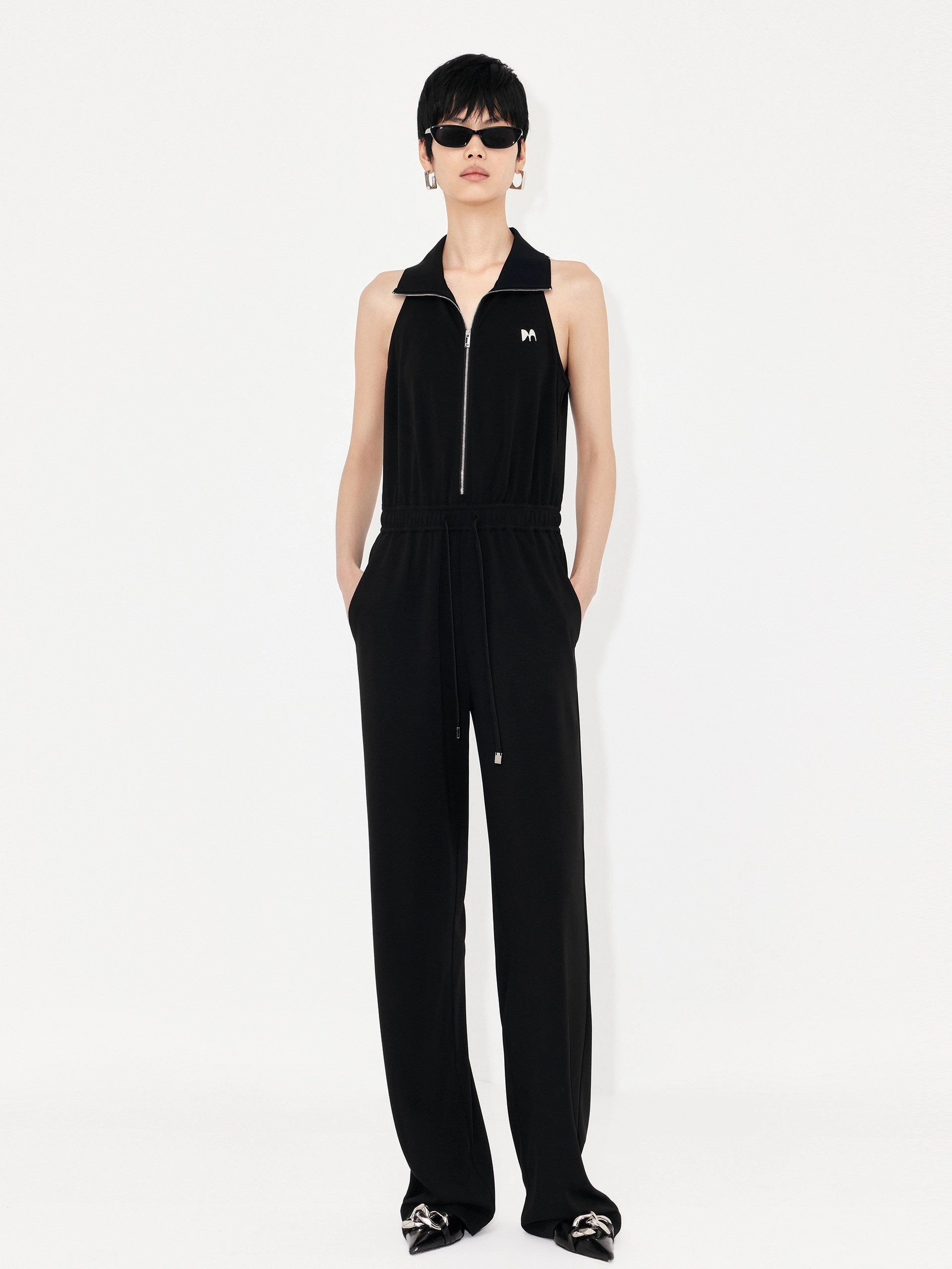Simple Fit Tailored Silhouette Sleeveless Drawstring Jumpsuit