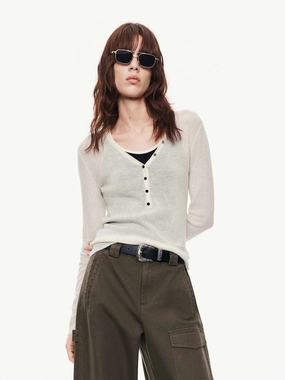 ButtonFront Reinforced Neckline Slim Fit Wool Sweater