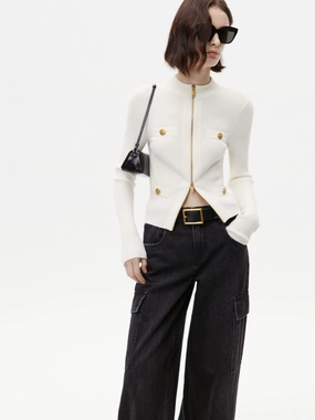 Slim Ribbed Knit Cardigan NoiseReduciting Zipper