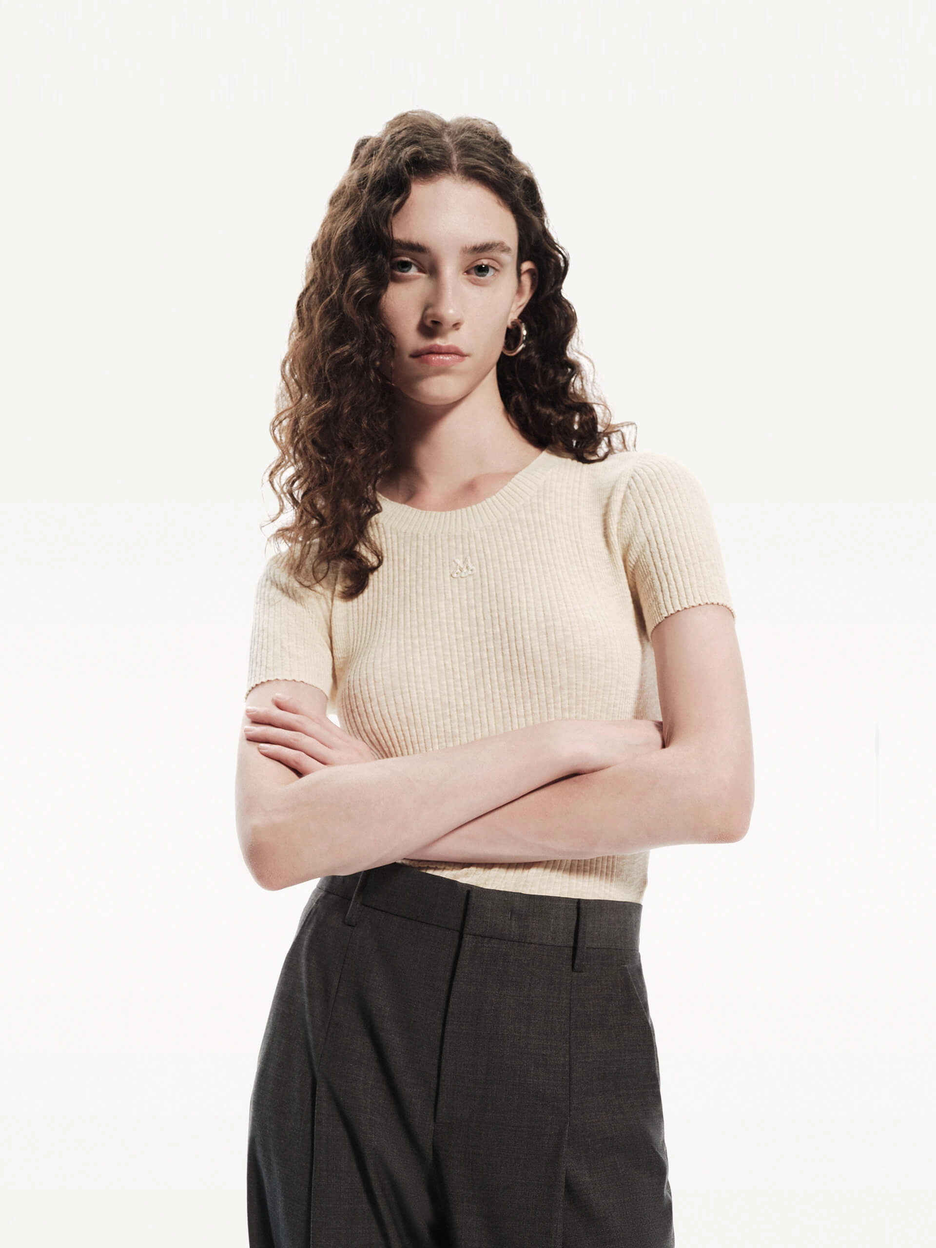 Slim Ribbed Knit Top Lightweight Thermal FlexibleNeckline