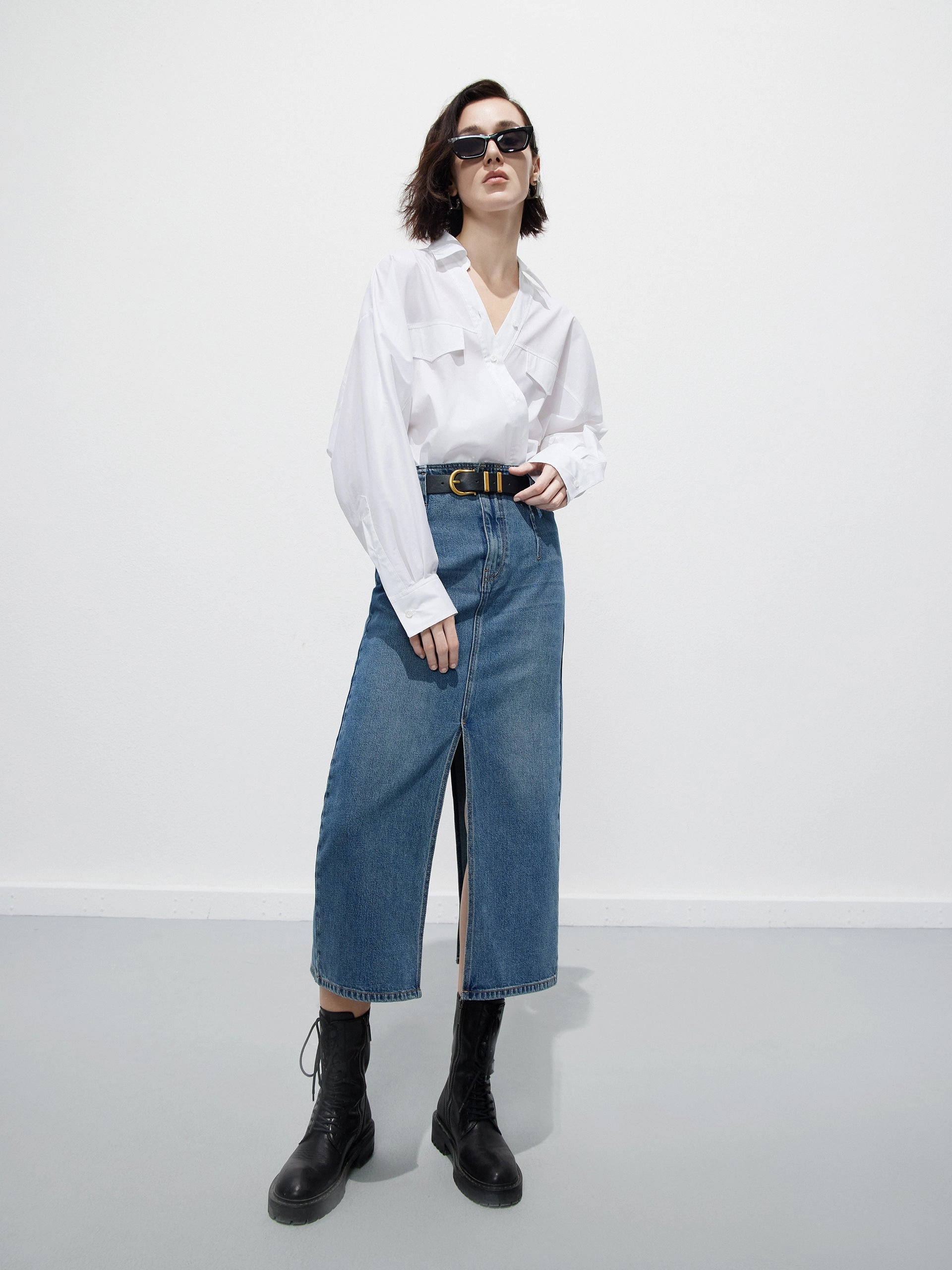 Slit Detailed Midi Denim Skirt Unisex style Minimal Design