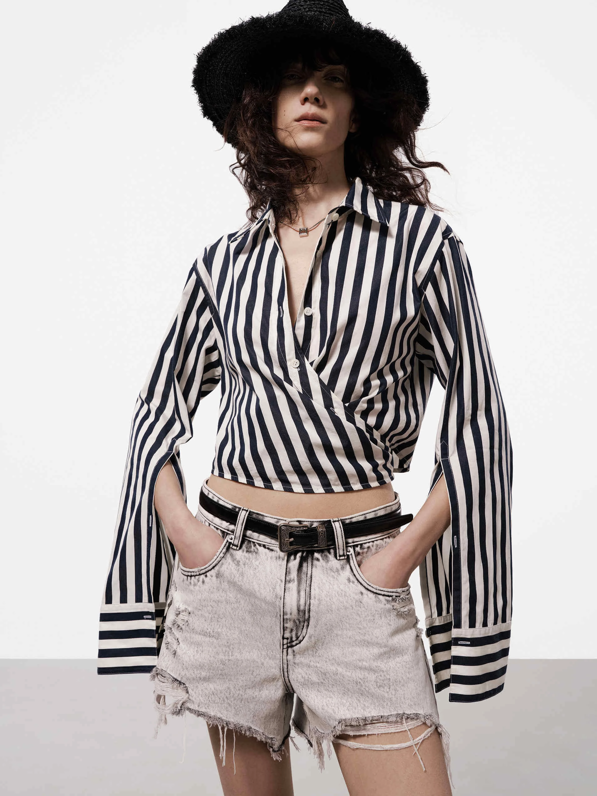 ReinforcedHem Striped Wrap Cropped Top