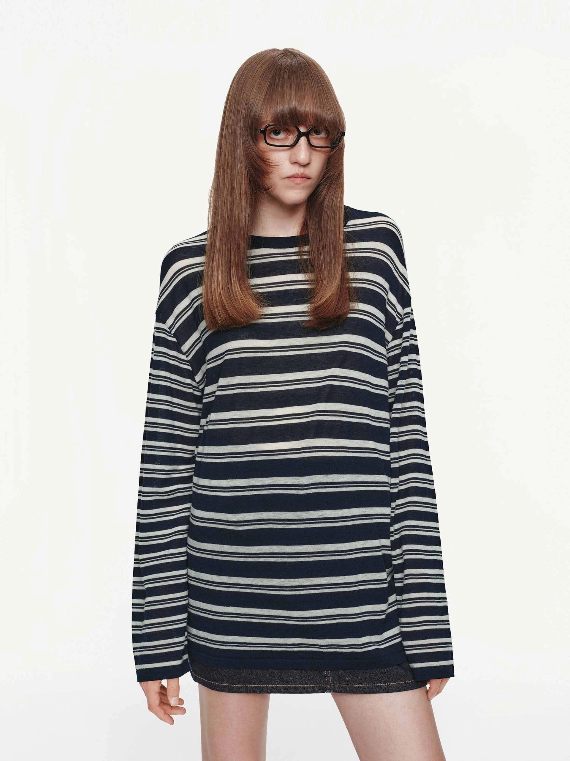 Round Neck Striped Sweater PuckerFree Surface ButtonDownCollar