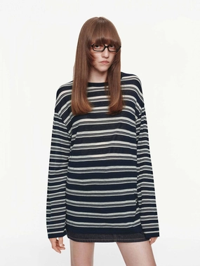 Round Neck Striped Sweater DoubleStitching AbrasionResistantEdging