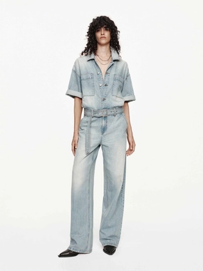 Full Coverage Stretch Panels Relaxed Cotton Denim Jumpsuit