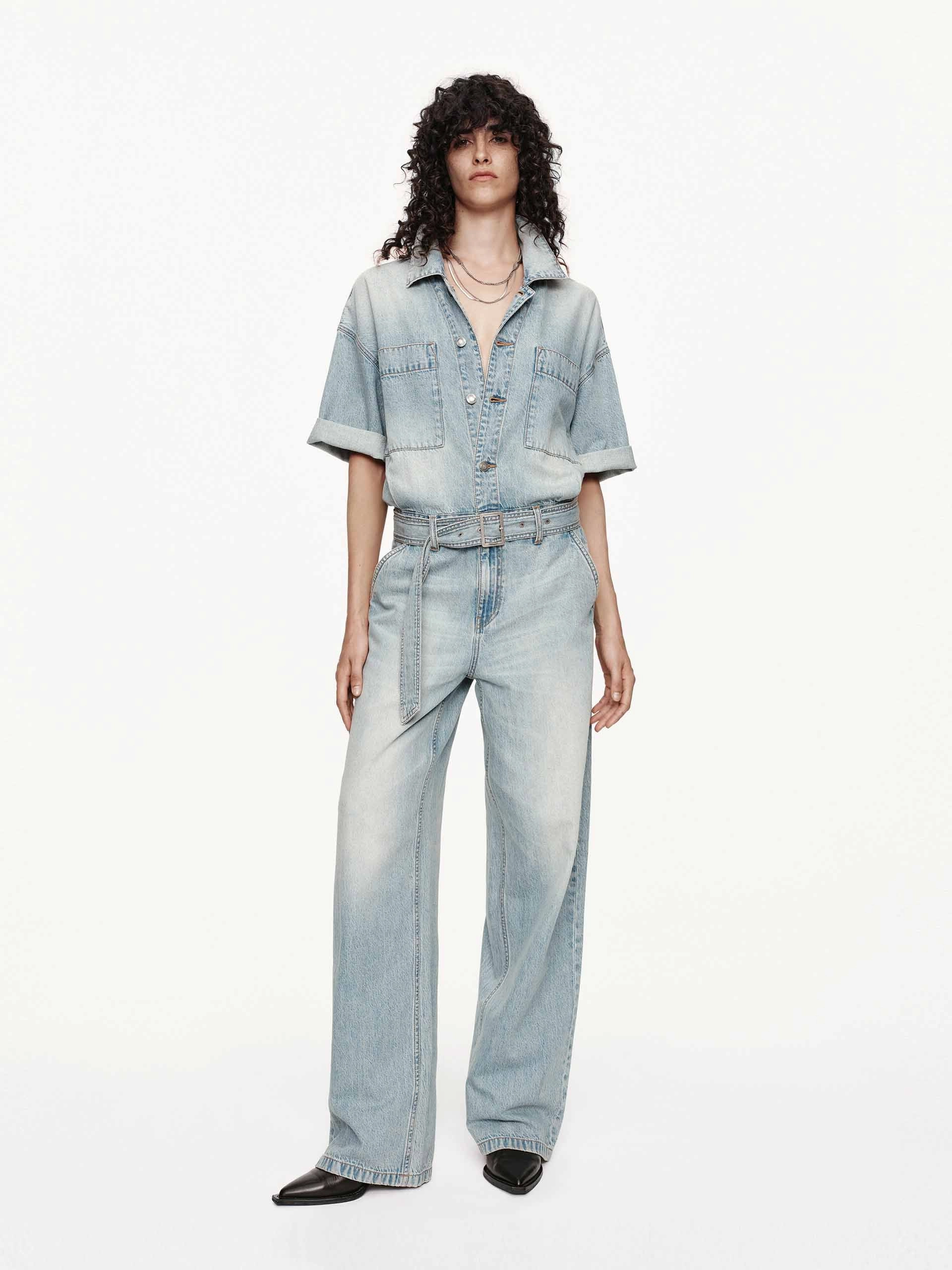 Full Coverage Stretch Panels Relaxed Cotton Denim Jumpsuit