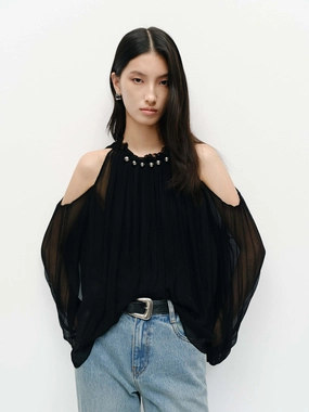 Cut Shoulder Chiffon Blouse CrewNeck
