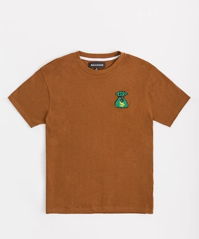 Soft Knit Money Bags Chenille Patch Short Sleeve Tee - Khaki